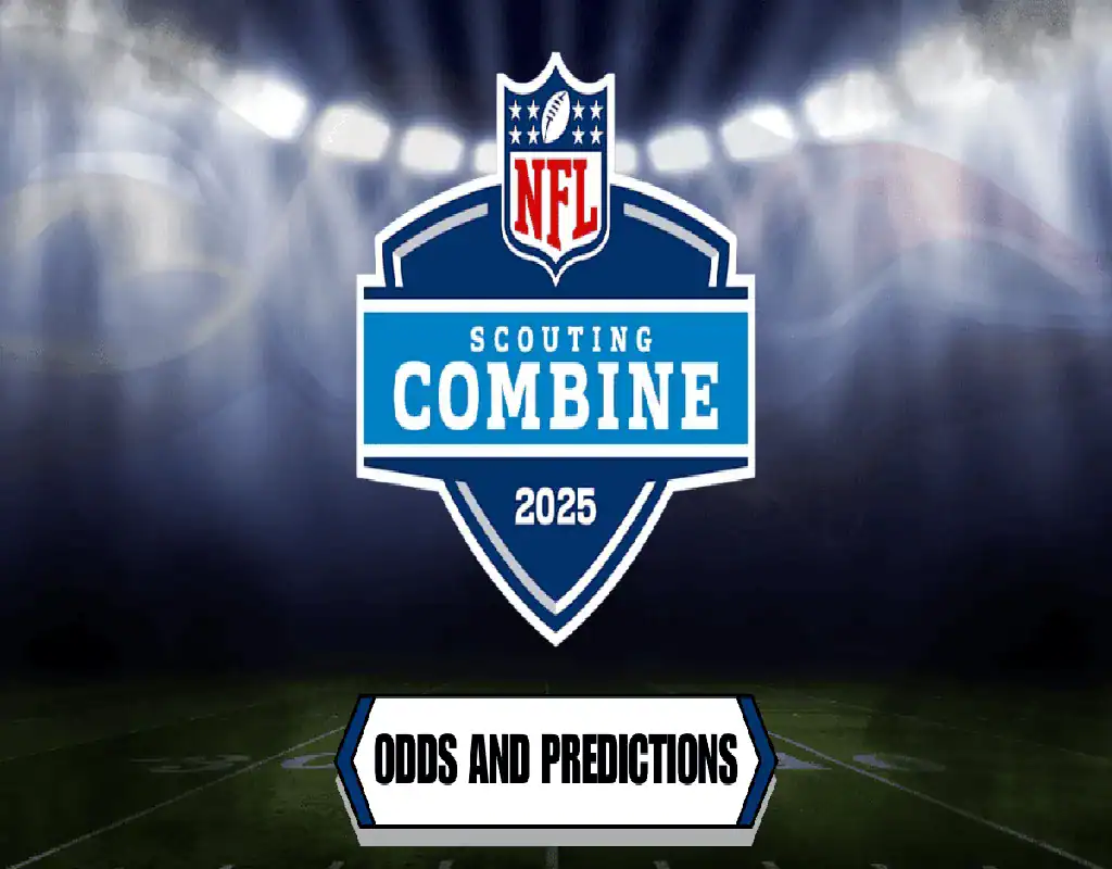 NFL Scouting Combine 2025 logo over a dimly lit football field with an “Odds and Predictions” banner