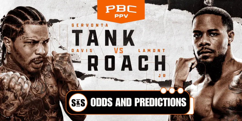 Promotional image for a boxing match featuring Gervonta "Tank" Davis versus Lamont Roach Jr., with odds and predictions noted below.