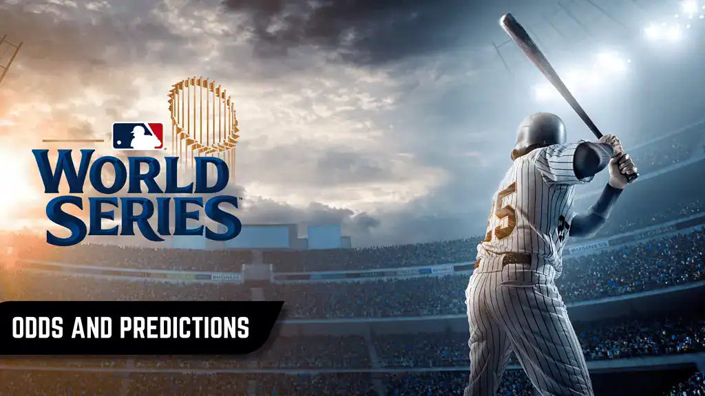 A baseball player in a striped jersey stands ready to bat against a dramatic sky, with "World Series" and "Odds and Predictions" graphics.