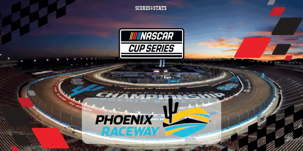 NASCAR Cup Series logo overlaying a panoramic view of the Phoenix Raceway during sunset
