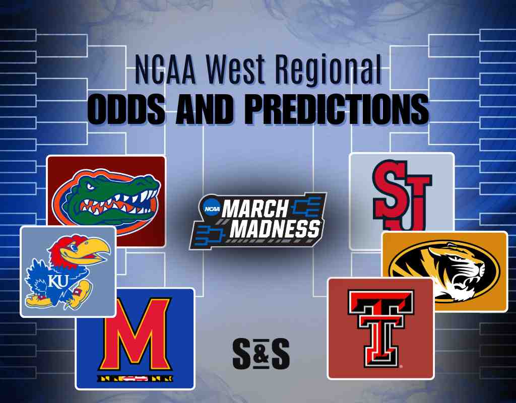 NCAA West Regional March Madness Odds and Predictions graphic featuring team logos, bracket outlines, and a blue background.