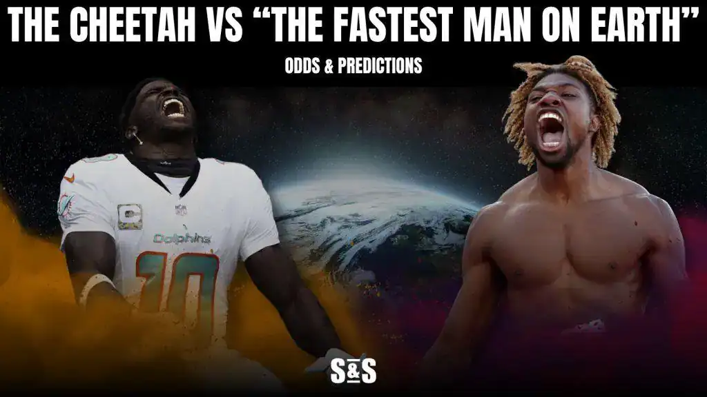 A dynamic matchup graphic featuring two athletes, titled "The Cheetah vs 'The Fastest Man on Earth,' with odds and predictions."