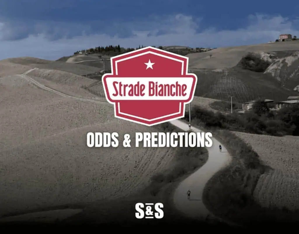 Graphic featuring the logo of Strade Bianche with the text "Odds & Predictions" over a scenic Tuscan landscape with winding roads.