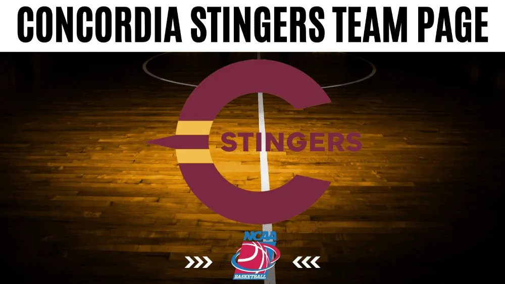 Concordia Stingers logo with a court floor as the background
