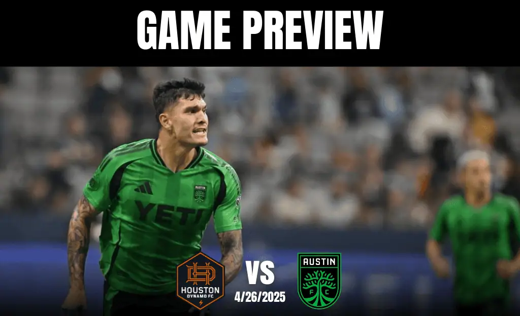 A soccer player in a green jersey prepares for a match, with the text "GAME PREVIEW" and team logos for Houston and Austin.