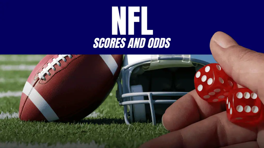 An NFL football and helmet on grass, with a hand holding red dice, alongside bold text reading "NFL Scores and Odds."