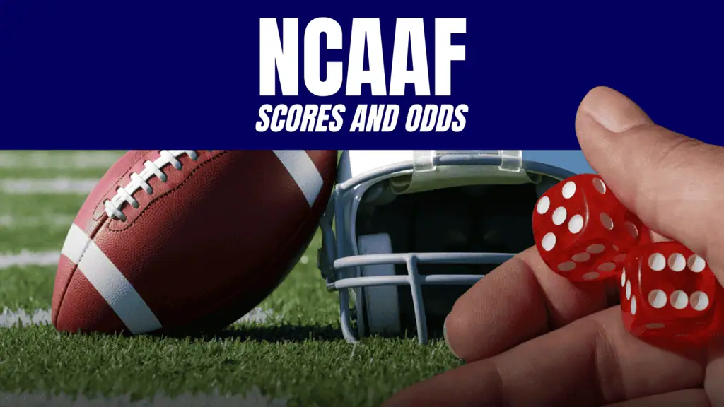 A hand holds red dice next to an American football and helmet on green turf, with "NCAAF Scores and Odds" text above.