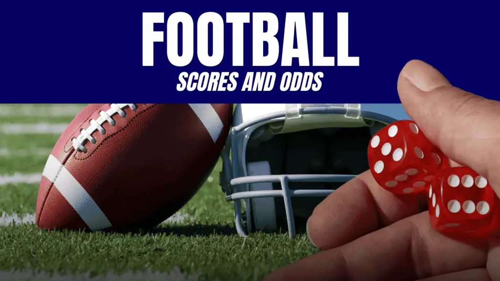 A hand holds red dice alongside a football and a helmet on a green field, with the text "Football Scores and Odds" above.