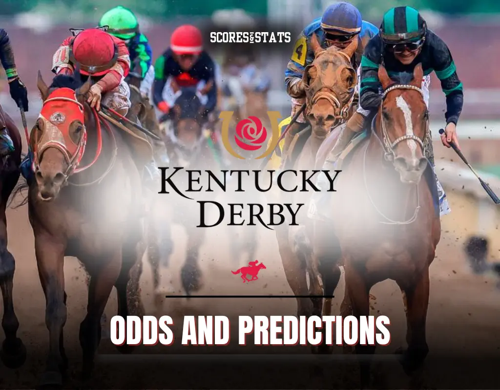 Several jockeys ride their horses at full speed during a race, with the text “Kentucky Derby Odds and Predictions”, promoting betting insights for the event.