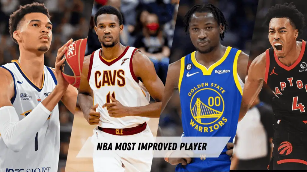 Four NBA players are showcased, each in team jerseys, highlighting their candidacies for the Most Improved Player award.