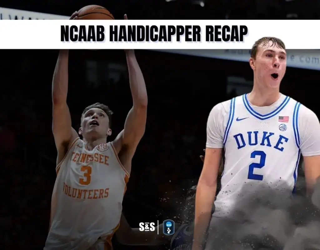 An NCAA basketball recap image featuring a player from Tennessee shooting and another from Duke in a game setting.