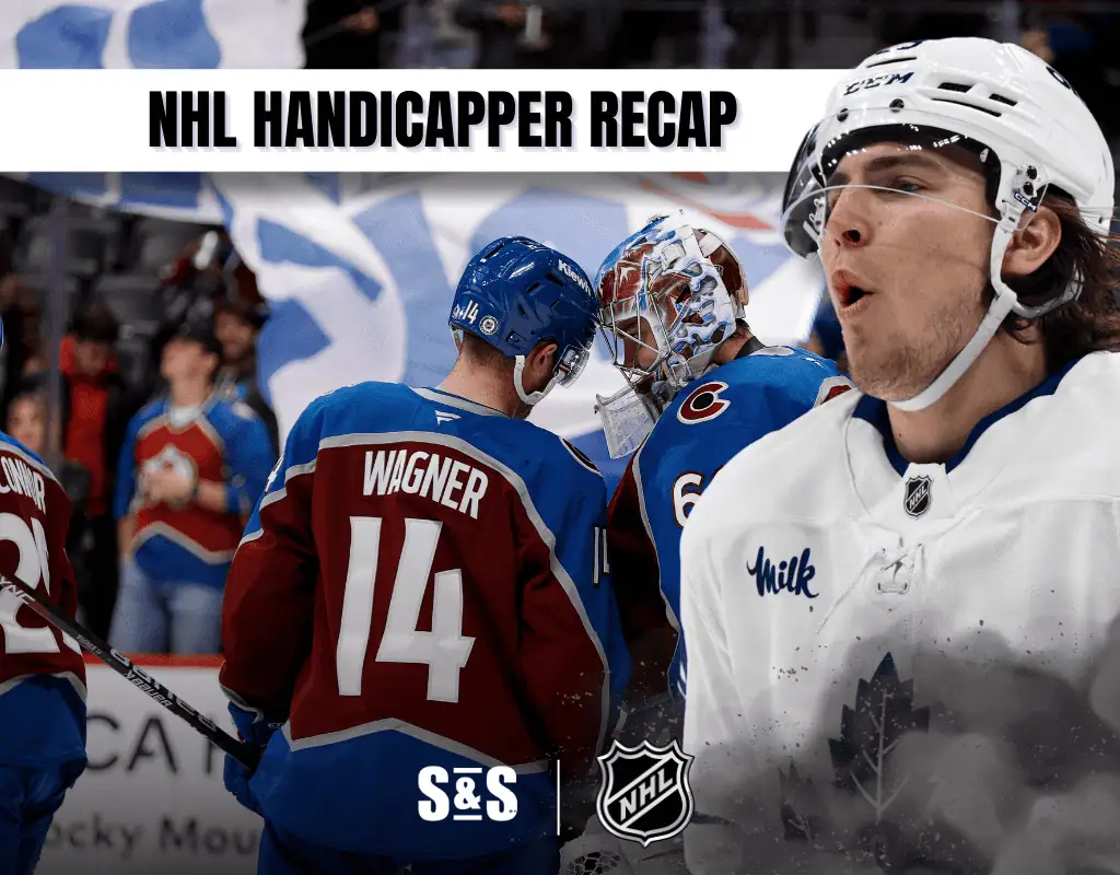 Two hockey players in team jerseys interact on the ice, with flags in the background and a glimpse of a goalie in action.