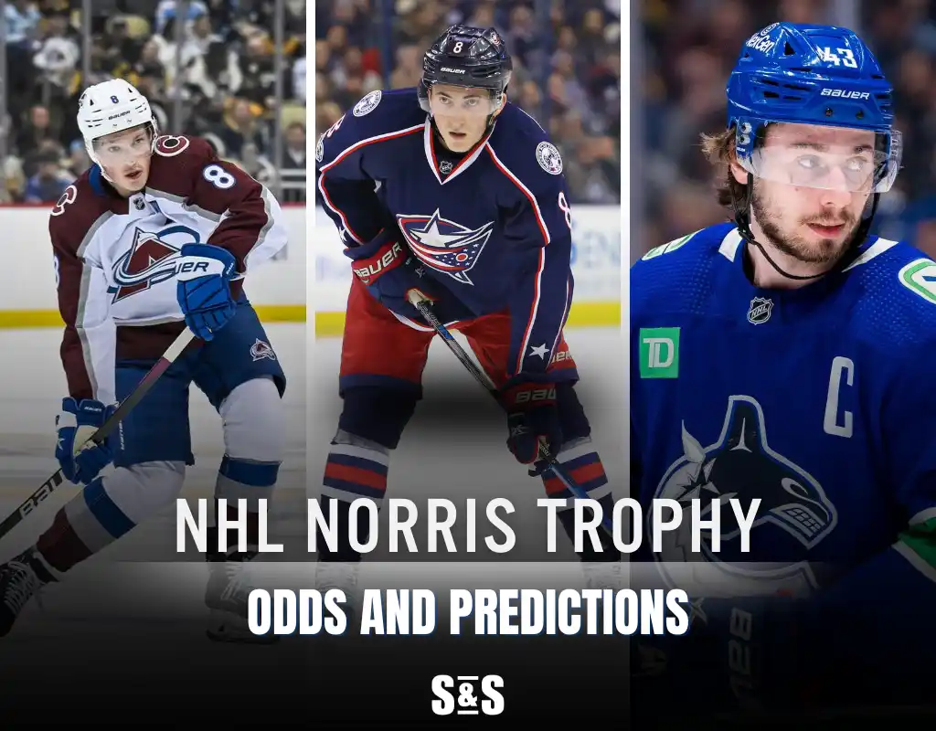 Three NHL defensemen featured with text: "NHL Norris Trophy – Odds and Predictions," spotlighting top contenders for best defenseman.