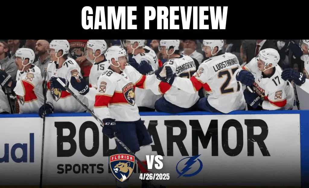 NHL 4 Florida Panthers players celebrate on the bench during a game preview against the Tampa Bay Lightning, April 26, 2025.