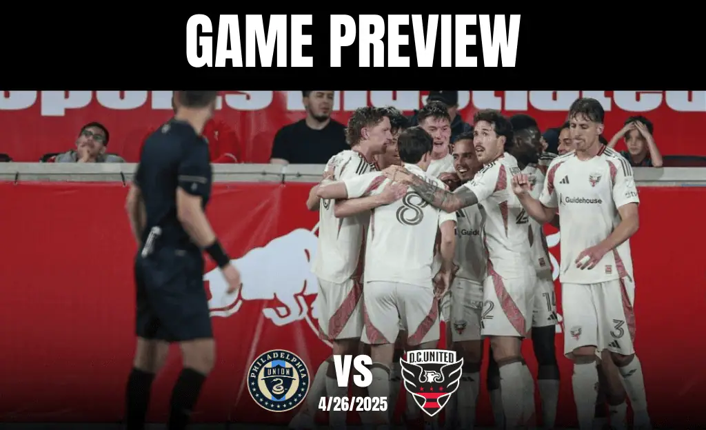 Group of soccer players celebrating a goal, with a referee observing, against a vibrant stadium backdrop. Game preview for Philadelphia Union vs. D.C. United.