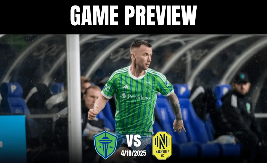 A soccer player in a green striped jersey races past the bench, with game preview text and team logos below, set against a rainy backdrop.