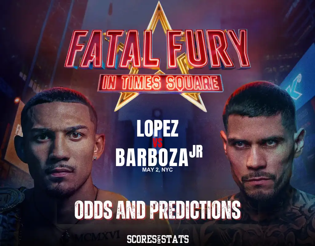 Promotional poster for Lopez vs. Barboza Jr. boxing match at Fatal Fury in Times Square on May 2.