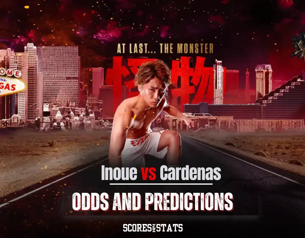Promotional poster for Inoue vs. Cardenas boxing match in Las Vegas, featuring Inoue with a city skyline background.