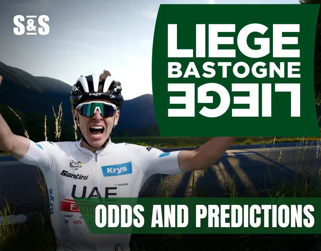 A cyclist in a white UAE Team Emirates jersey celebrates a victory with arms raised in front of a backdrop promoting the Liège–Bastogne–Liège race, with the text odds and predictions.