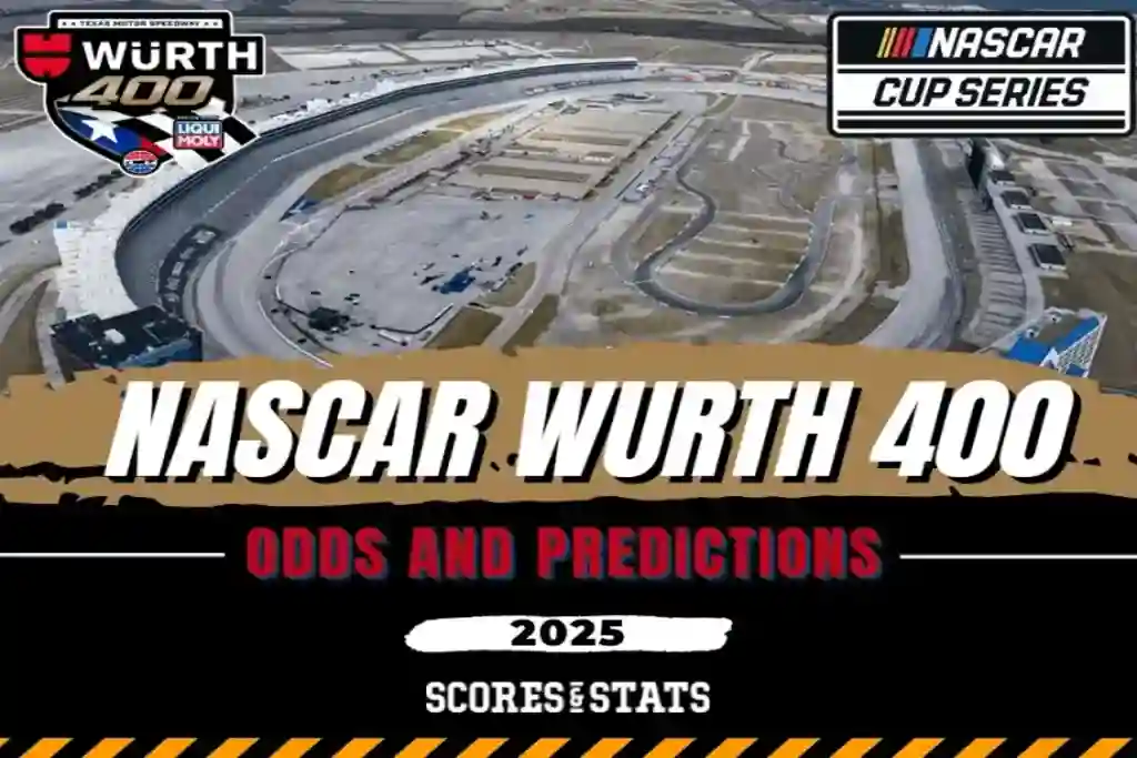 Vista aérea del Texas Motor Speedway con gráficos promocionales del NASCAR Wurth 400 de 2025, destacando cuotas y predicciones.