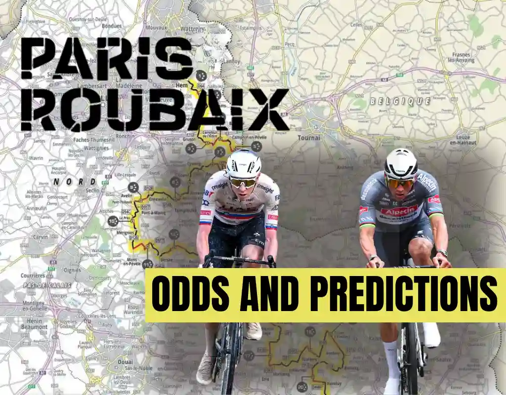 Paris-Roubaix cycling race promotional graphic featuring two cyclists in action over a race route map background