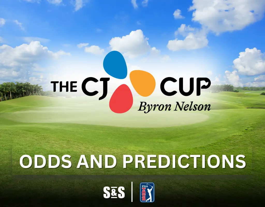 The CJ Cup Byron Nelson golf tournament with a scenic golf course background and PGA Tour logo.