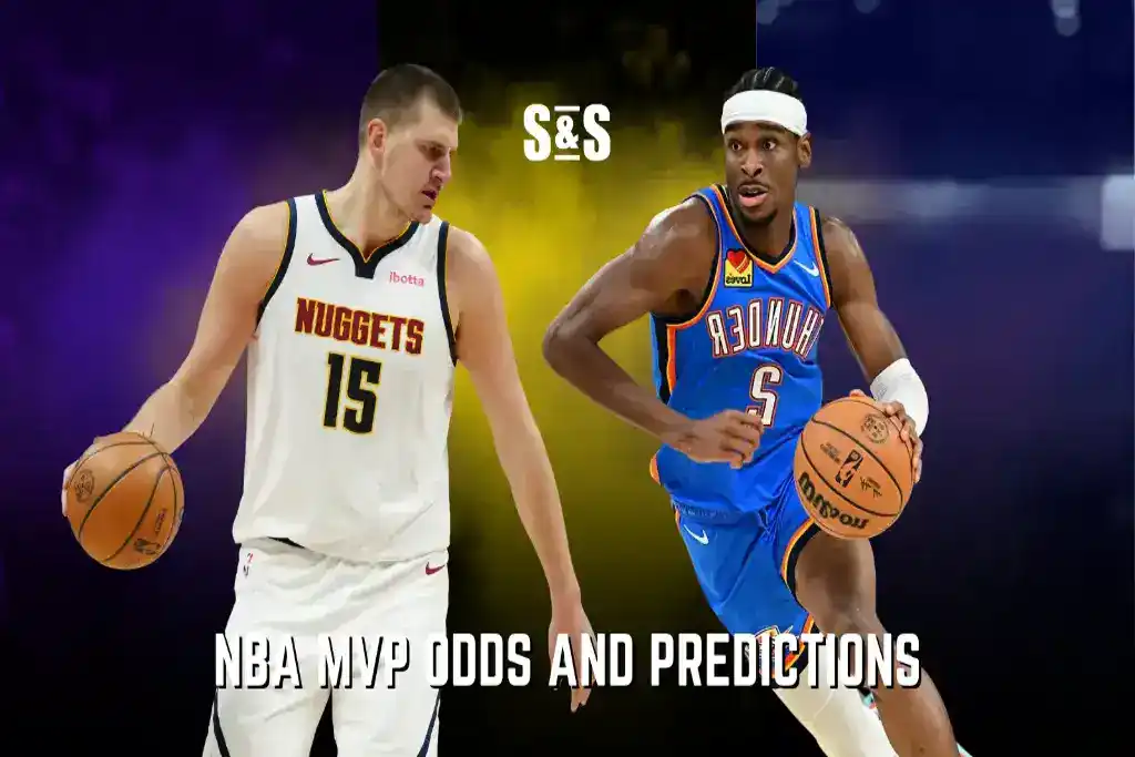 Nikola Jokic y Shai Gilgeous-Alexander en acción, destacados como favoritos para el MVP de la NBA en una imagen promocional de cuotas y predicciones.