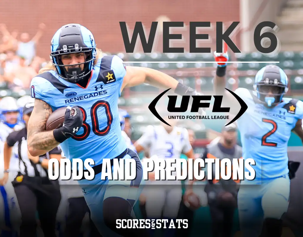 A UFL Renegades player wearing jersey number 80 runs with the football during a game, with bold text reading “Week 6 UFL Odds and Predictions” overlaid on the image.