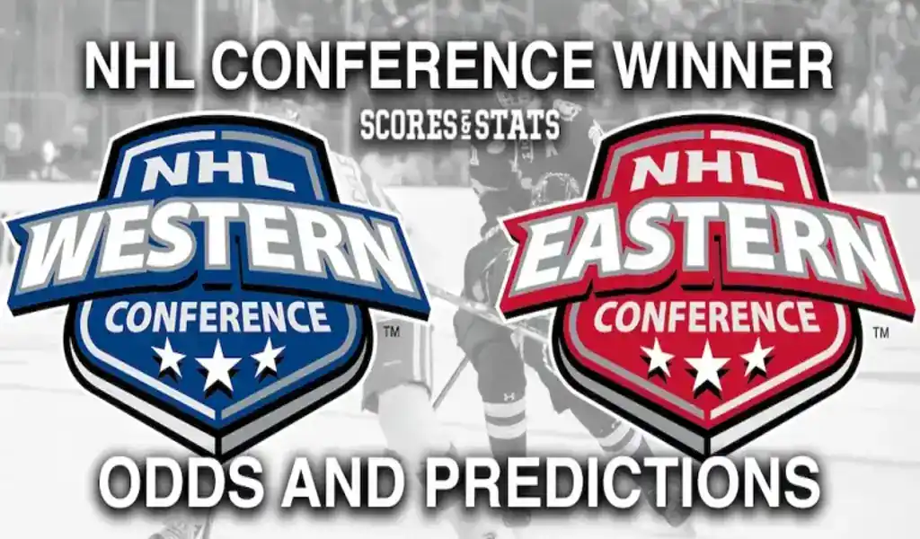 Imagen de los logos de las conferencias Oeste y Este de la NHL, destacando las probabilidades y predicciones para el ganador de la conferencia 2024-2025.