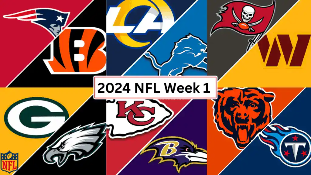 Collage de logotipos de equipos de la NFL con la leyenda "Semana 1 de la NFL 2024" en el centro, mostrando equipos como los Patriots, los Rams y los Chiefs.