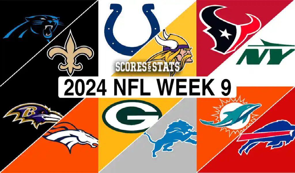 Logos de los equipos destacados en la Semana 9 de la NFL 2024, incluyendo Panthers, Saints, Colts, Texans, Jets, Ravens, Broncos, Packers, Lions, Dolphins y Bills.