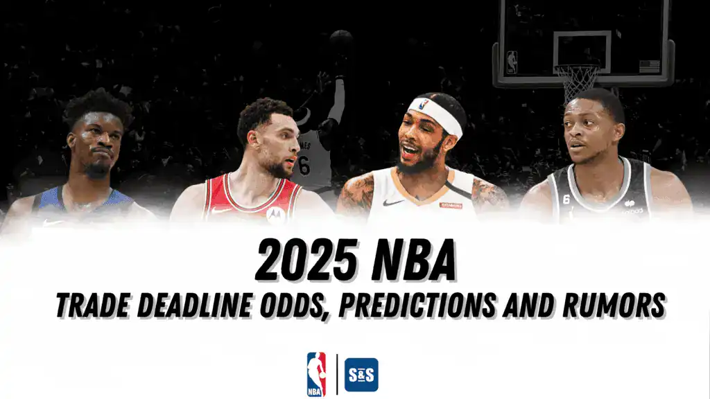 Graphic featuring four NBA players with a basketball court background, titled "2025 NBA Trade Deadline Odds, Predictions and Rumors."
