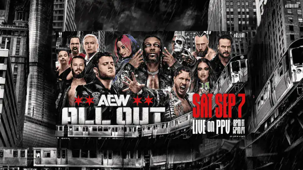 Promotional graphic for AEW All Out event, featuring dynamic imagery