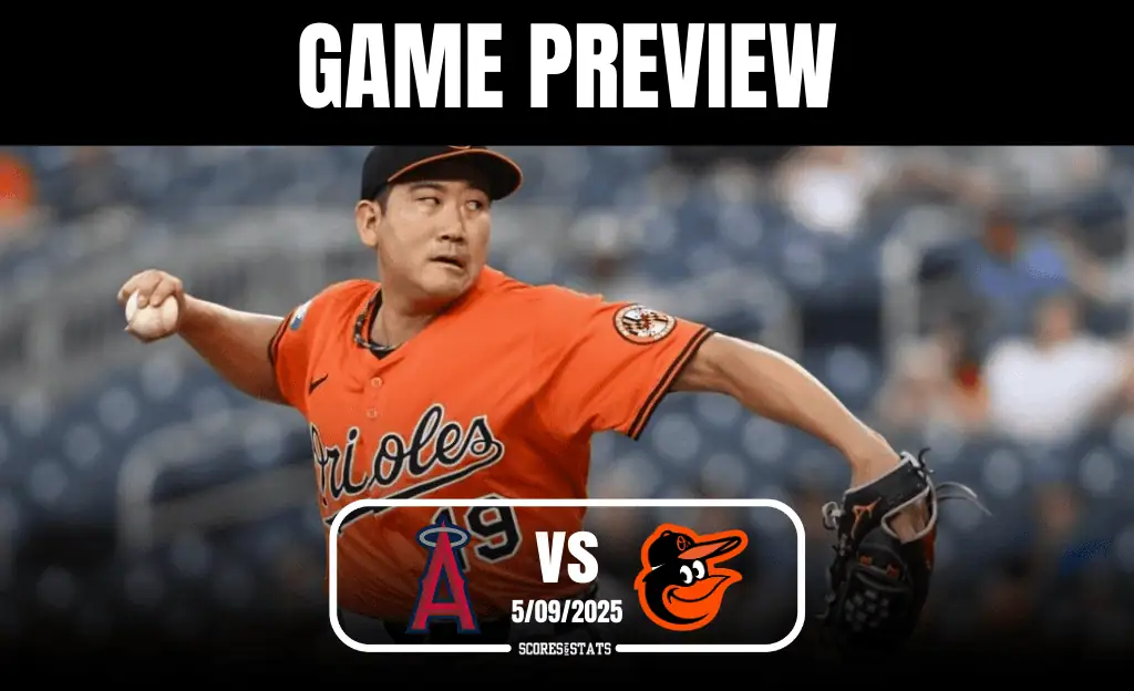 An Orioles pitcher in orange uniform throws a baseball, with a text overlay indicating a game preview against the Angels on 5/09/2025.