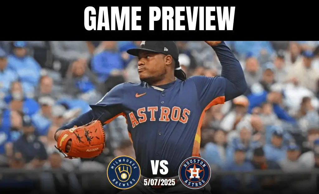 A pitcher wearing an Astros jersey prepares to throw, with fans in the background and text overlay announcing a game preview.