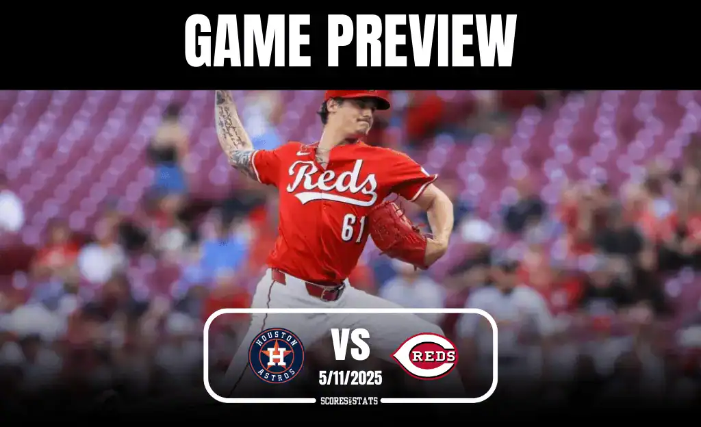Game preview graphic featuring a pitcher in a red Reds jersey, with the date 5/11/2025 and matchup against the Astros highlighted.