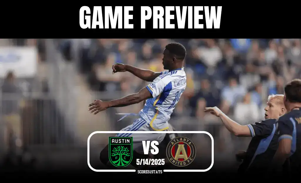A soccer match preview graphic featuring two players in action, with logos for Austin FC and Atlanta United, and game date 5/14/2025.