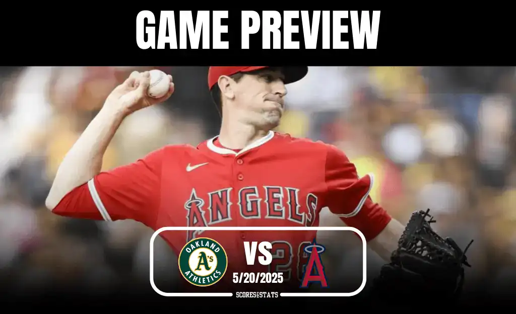 2 A baseball pitcher in a red jersey prepares to throw a pitch, with a graphic overlay showing a game preview between the Athletics and Angels.