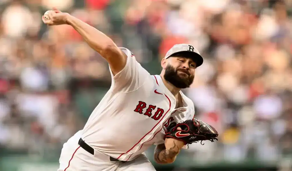 Boston Red Sox pitcher in motion during game vs Atlanta Braves