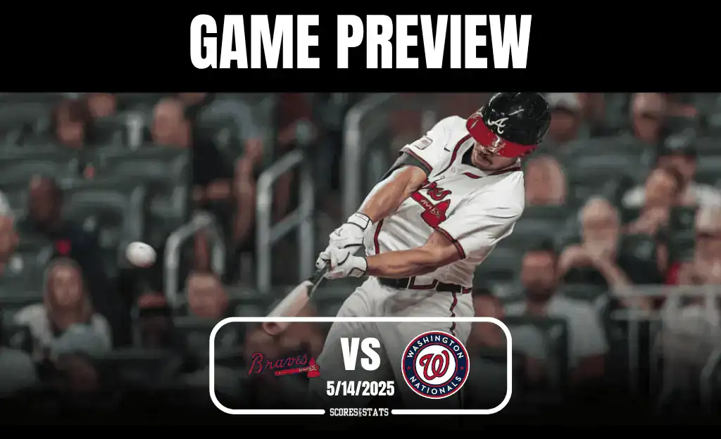 2 A baseball player in an Atlanta Braves uniform swings a bat, with game details overlayed: Braves vs. Nationals, 5/14/2025.