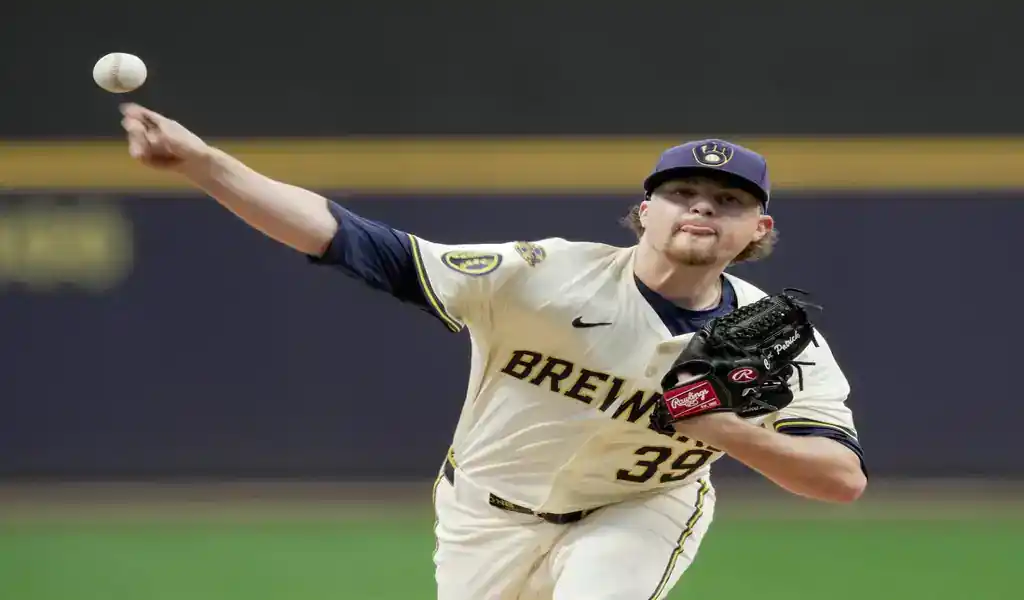 Milwaukee Brewers pitcher delivers a throw during a game against the Boston Red Sox on May 26, 2025.
