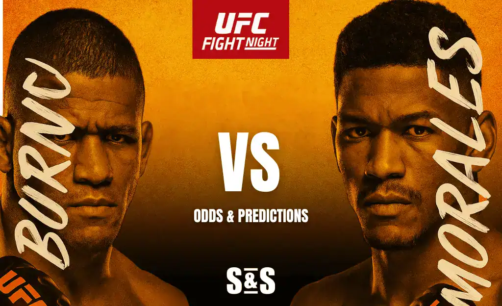 Promotional graphic for UFC Fight Night featuring fighter matchups, odds, and predictions against a vibrant orange background.