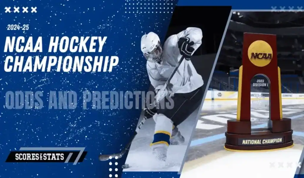 Jugador de hockey sobre hielo y trofeo del campeonato NCAA representando el Frozen Four de la temporada 2024-25