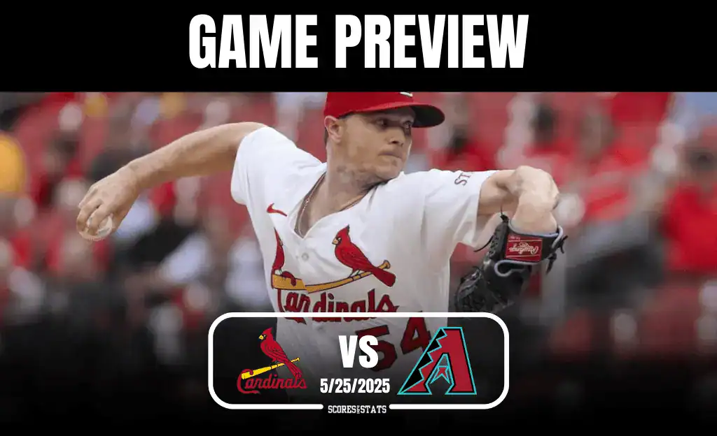 6 A baseball pitcher in a Cardinals jersey winds up to throw a pitch, with a vibrant stadium crowd visible in the background. Game preview graphic.