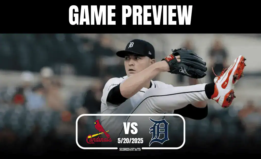 4 A Detroit Tigers player prepares to pitch against the St. Louis Cardinals in a game preview, dated 5/20/2025.