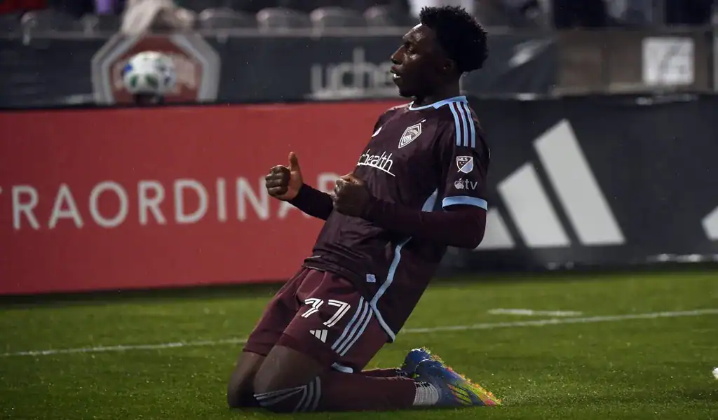 Colorado Rapids player celebrates after scoring against Portland Timbers