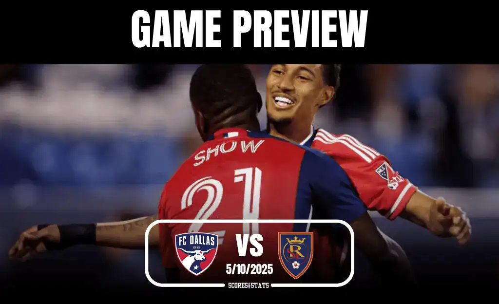 Two FC Dallas players celebrate together, wearing red jerseys with "SHOW" and "21" printed, with a game preview graphic overlay.