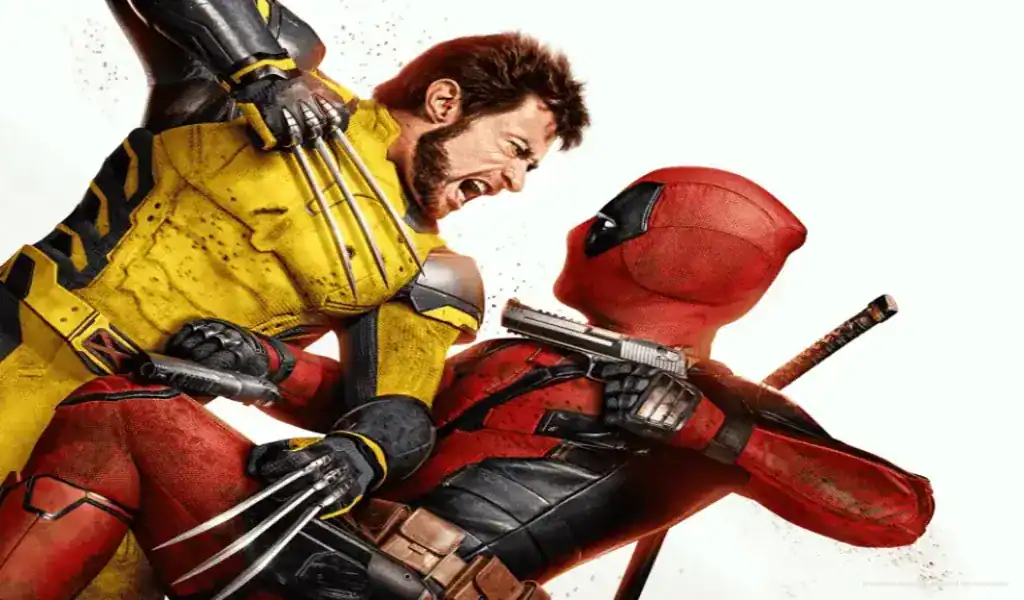 Deadpool y Wolverine en una intensa escena de acción con espadas y garras desenvainadas