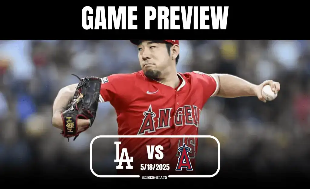 A pitcher in a red Angels jersey throws a baseball, set against a blurred stadium background. Game preview text is displayed above.