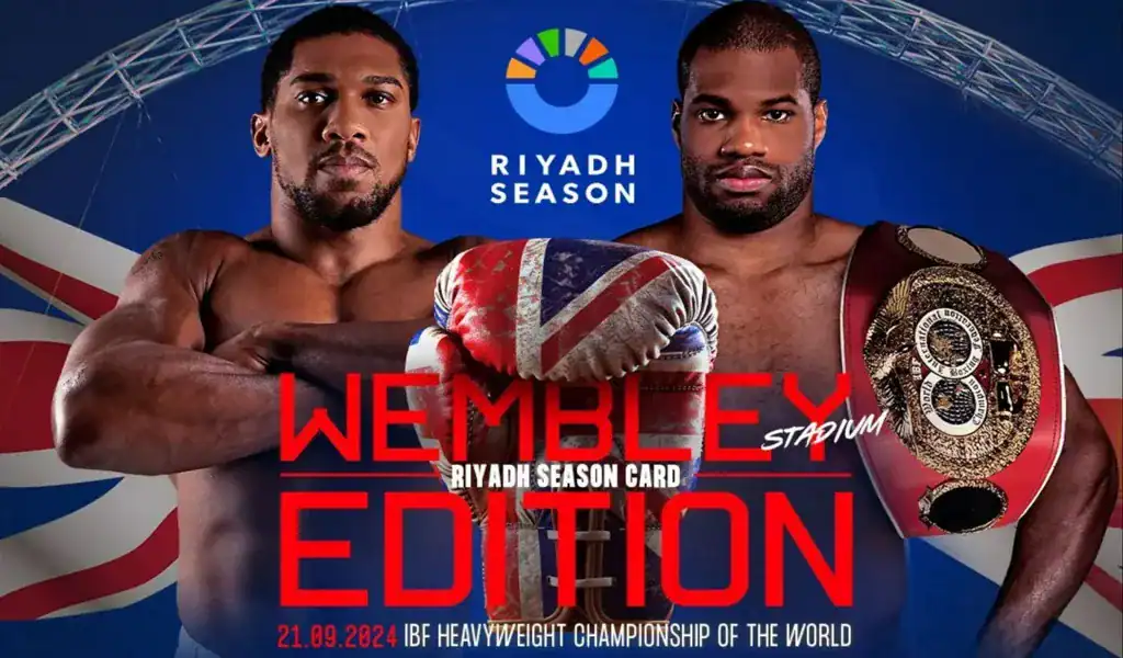 Cartel promocional del combate entre Daniel Dubois y Anthony Joshua por el título mundial IBF de peso pesado en el Wembley Stadium, parte del Riyadh Season Card